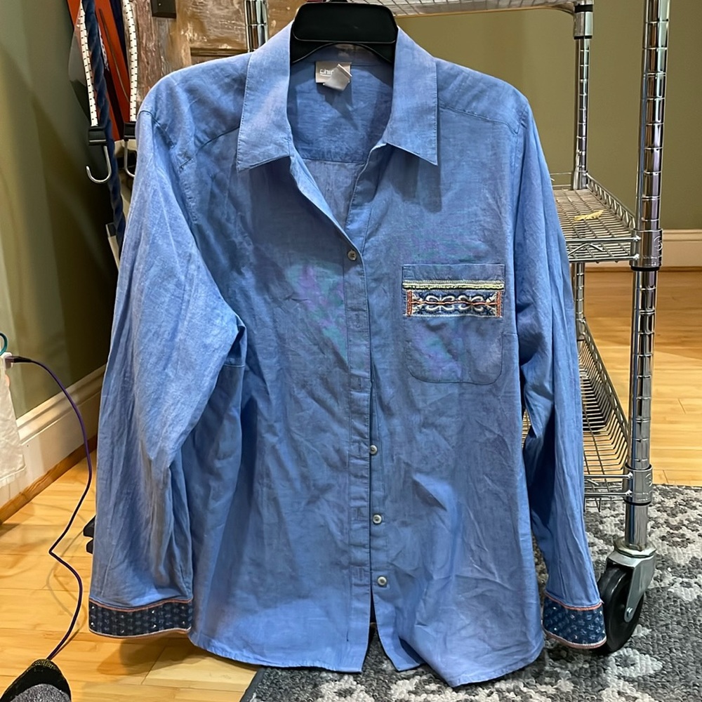 Chicos size 3 embellished denim shirt.